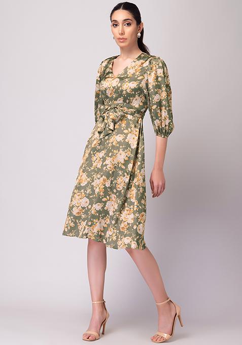 Buy Women Light Green Floral Print Midi Dress With Fabric Belt - Date ...