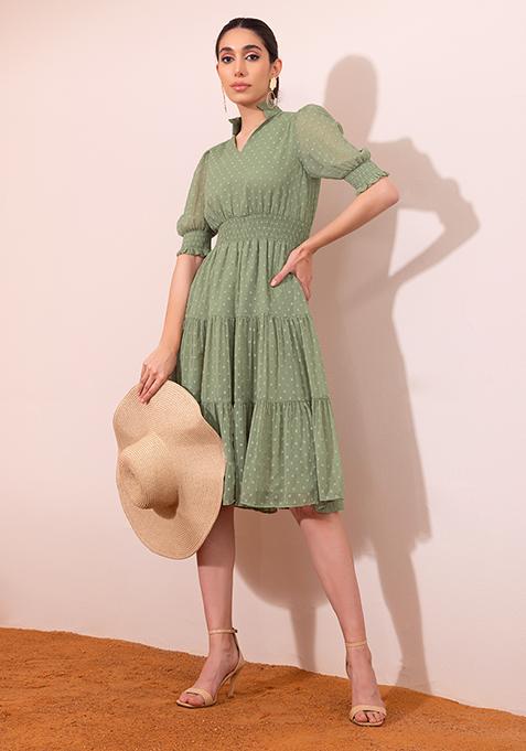 Light Green Swiss Dot Tiered Midi Dress