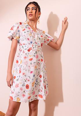 White Floral Print Puff Sleeve Wrap Dress With Buckle Belt 