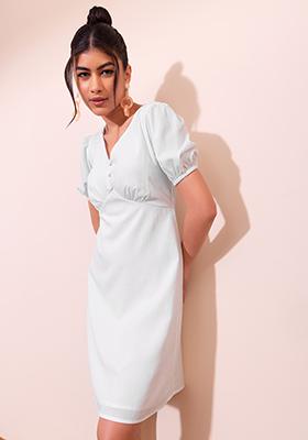 White Puff Sleeve Buttoned A-Line Dress 