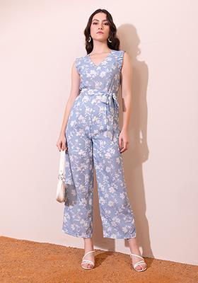 Blue And White Floral Print Jumpsuit With Belt