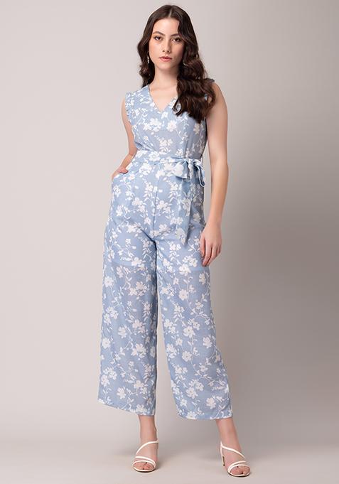 Buy Women Blue And White Floral Print Jumpsuit With Belt - Date Night ...