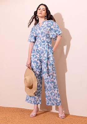 Pastel Blue Floral Print Jumpsuit With Fabric Belt