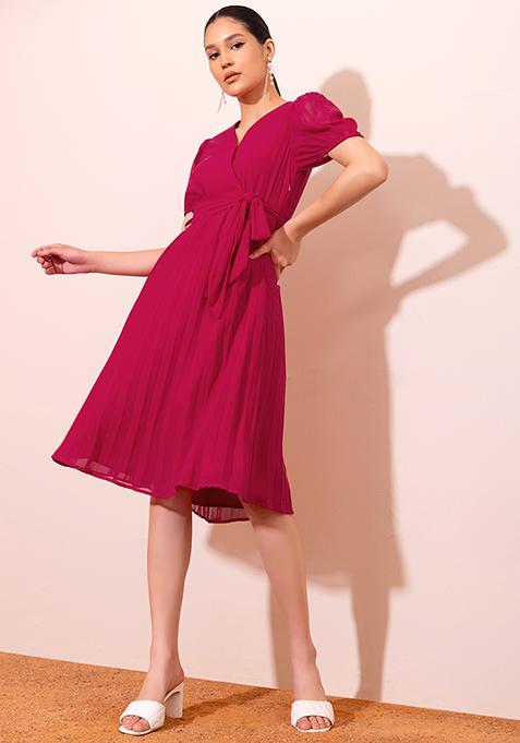 Hot Pink Pleated Dress With Tie Up Belt