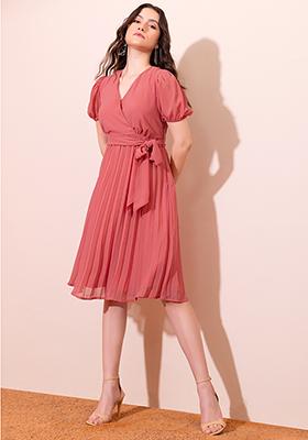 Light Pink Pleated Dress With Tie Up Belt