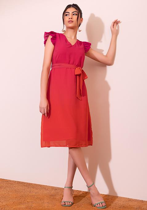 Hot Pink And Orange Ombre Midi Dress With Tie Up Belt