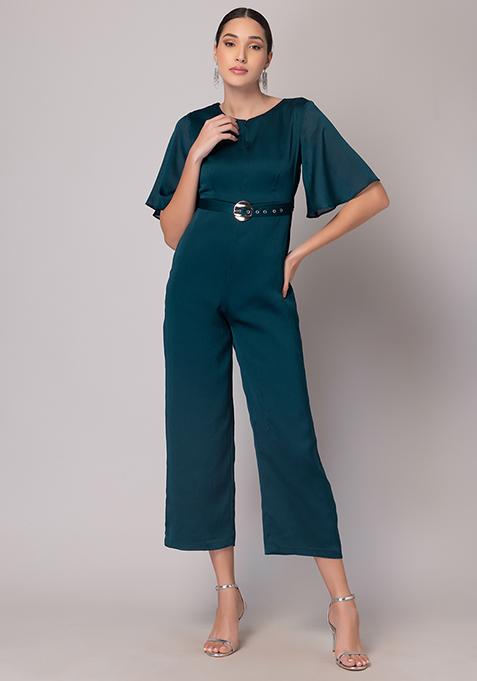 Buy Women Teal Blue Flared Sleeve Jumpsuit With Buckle Belt Date Night Dress Online India 