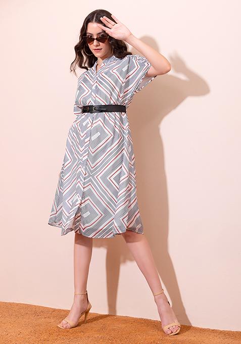 White Geometric Print Shirt Dress With Belt