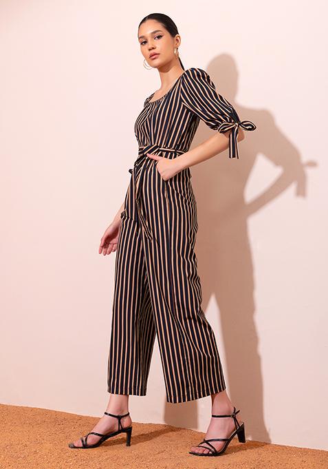 Black Stripe Print Puff Sleeve Jumpsuit With Belt