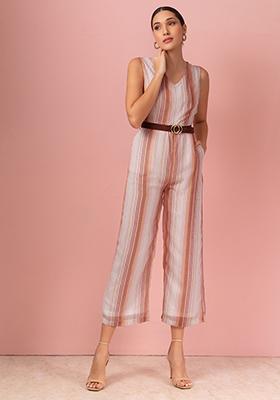 White And Brown Striped Jumpsuit With Belt