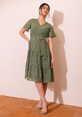 Green Floral Print Tiered Skater Dress With Belt