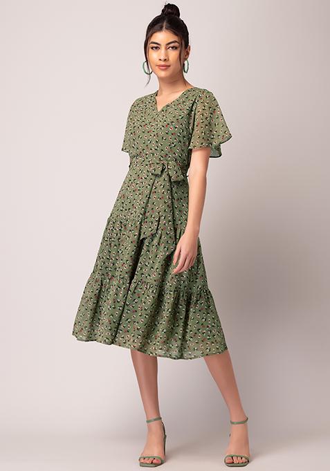 Buy Women Green Floral Print Tiered Skater Dress With Belt - Date Night ...