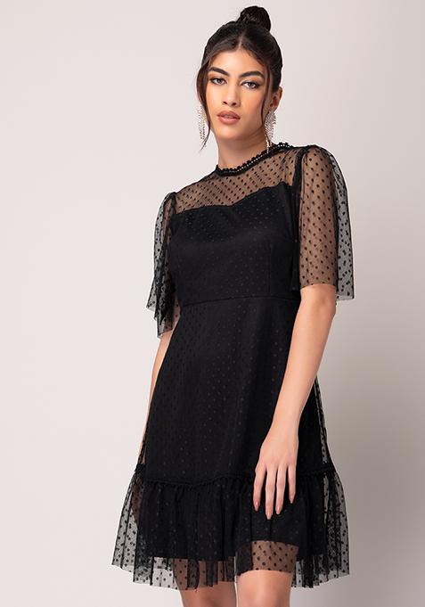 Black Polka Dot Puff Sleeve Tiered Dress