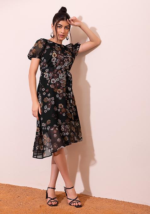 Black Floral Print Skater Dress With Belt