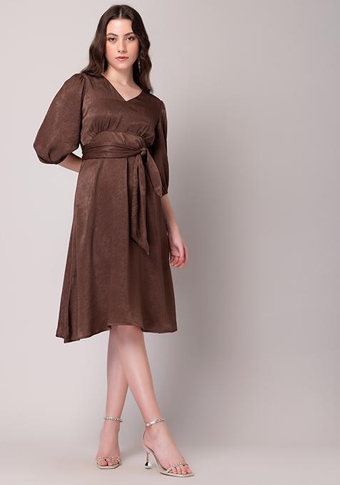 Brown Front Tie Up Midi Dress