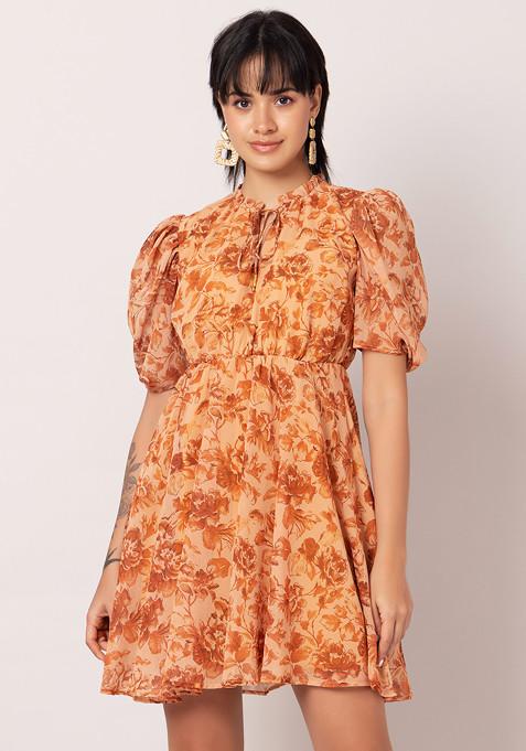 Orange Floral Print Neck Tie Up Skater Dress