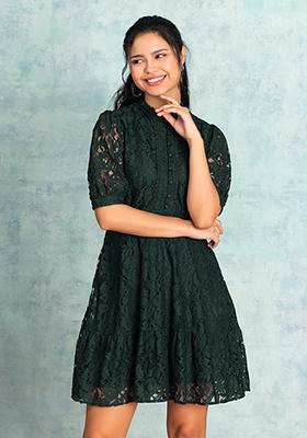 Green Short Sleeves Lace A-Line Dress