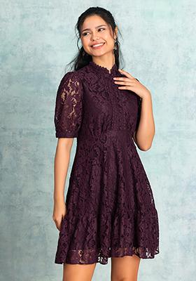 Maroon Short Sleeves Lace A-Line Dress