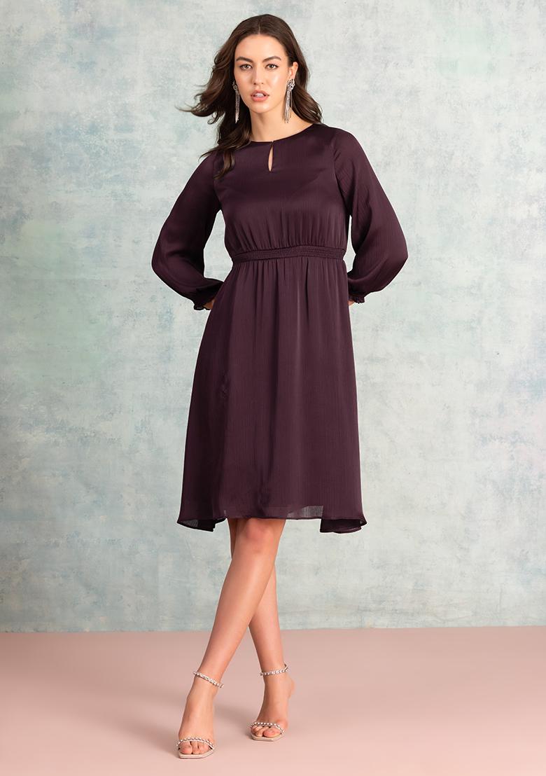 Maroon Smocked Waist Full Sleeve Midi Dress