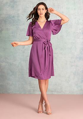 Pink Flared Sleeve Wrap Dress With Belt