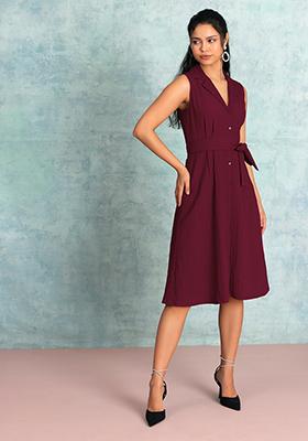 Red Collared Midi Dress With Tie Up Belt