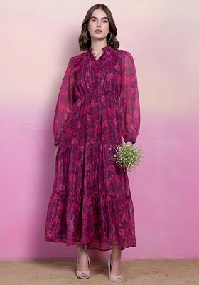 Pink Floral Print Tiered Maxi Dress