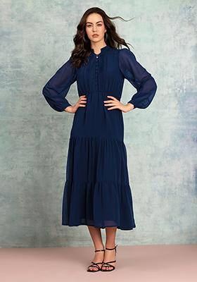 Blue Collared Tiered Maxi Dress