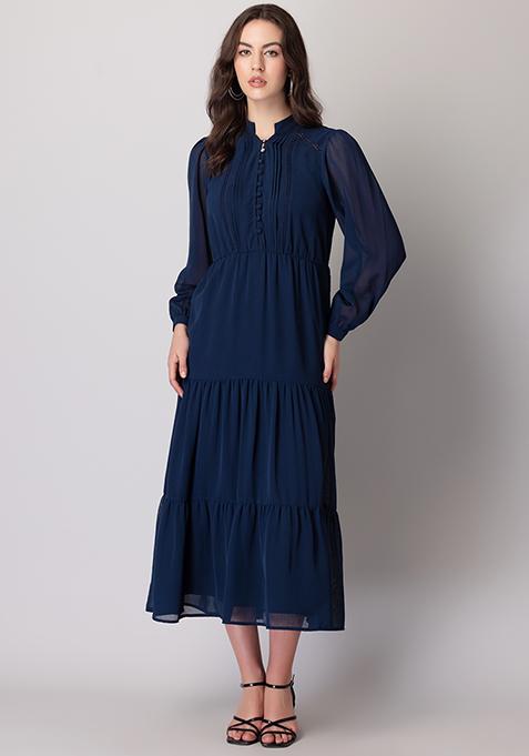 Buy Women Blue Collared Tiered Maxi Dress - AW '23 Online India - FabAlley