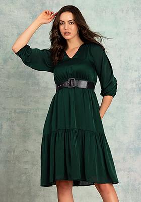 Dark Green V-Neck Dress With Leather Belt