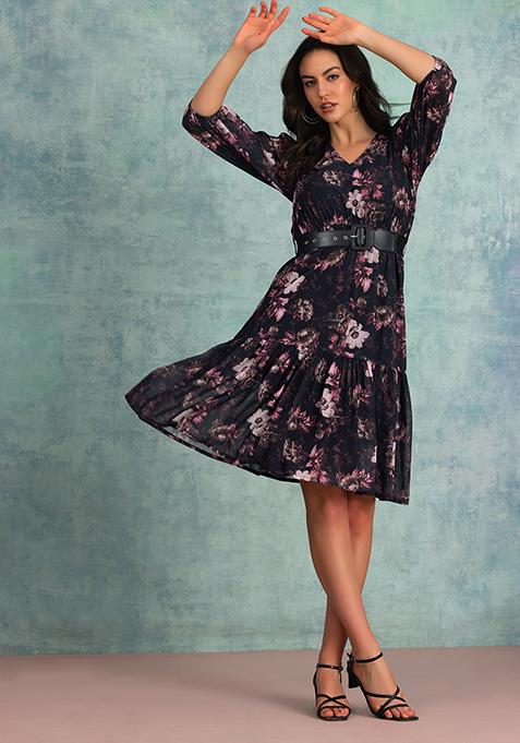 Black Floral Print Midi Dress With Leather Belt