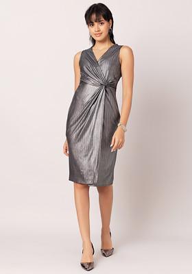 Silver Metallic Side Twist Wrap Dress