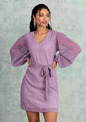 Lilac Textured A-Line Dress With Tie Up Belt