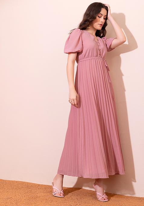 Pink Pleated Maxi Dress With Fabric Belt