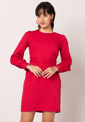 Pink Full Sleeve Shift Dress With Belt 