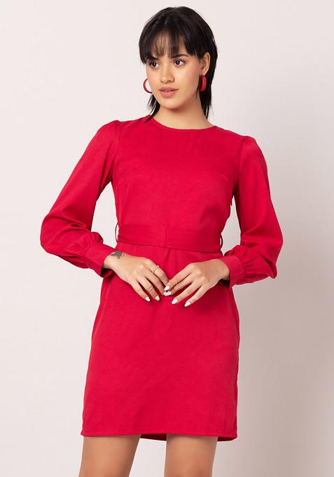 Pink Full Sleeve Shift Dress With Belt 