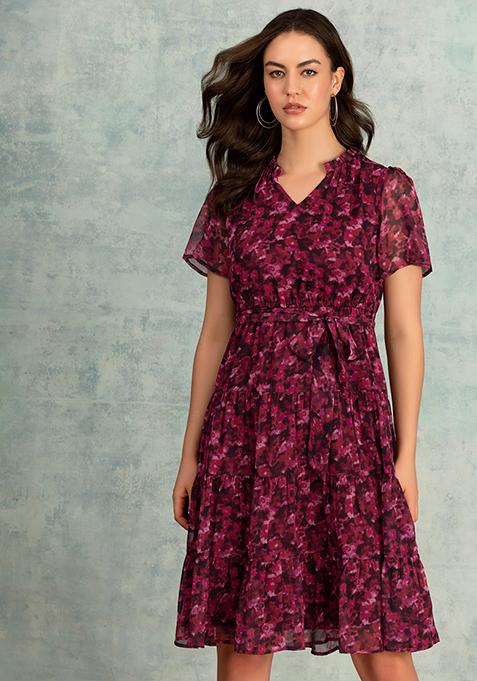 Pink Floral Print Tiered Skater Dress With Belt