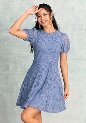 Pastel Blue Flared Lace Dress