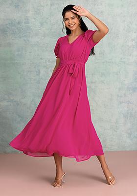 Hot Pink V-Neck Maxi Dress With Tie Up Belt