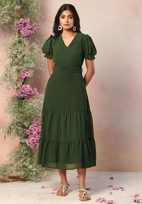 Olive Green V-Neck Midi Dress With Tie Up Belt
