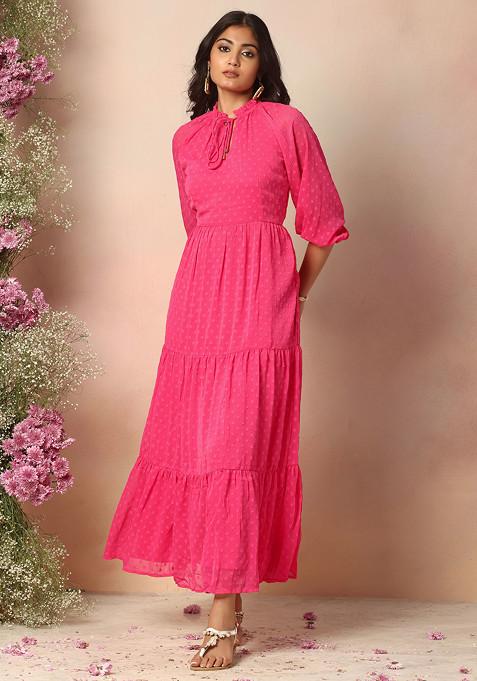 Hot Pink Neck Tie Up Tiered Maxi Dress