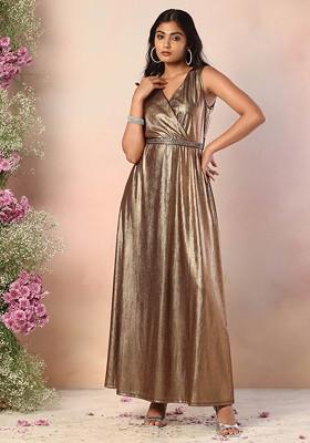Brown Metallic Wrap Maxi Dress With Embellished Belt