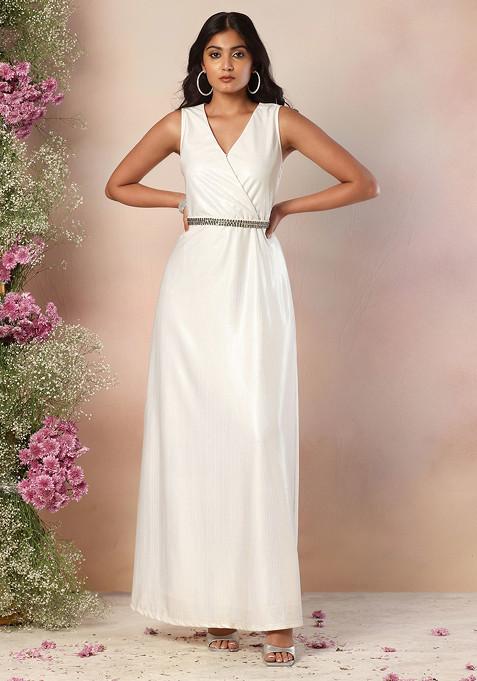 Ivory Metallic Wrap Maxi Dress With Embellished Belt