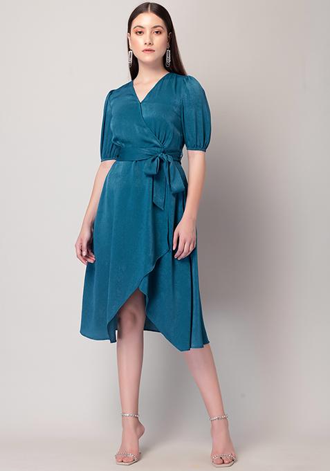 Teal Blue Satin Wrap Dress With Belt