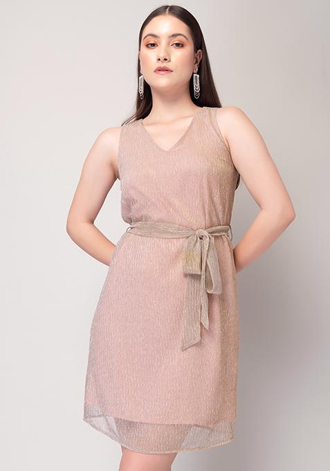 Gold V-Neck Plisse Dress With Belt