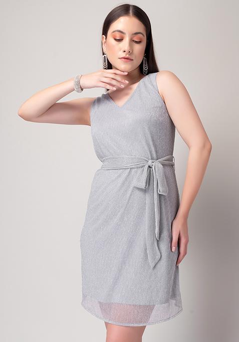 Silver V-Neck Plisse Dress With Belt