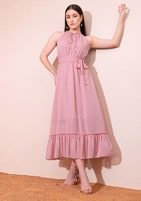 Light Pink Halter Neck Maxi Dress With Belt