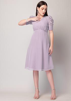 Lilac Cowl Puff Sleeve Midi Dress