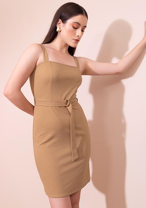 Beige Sleeveless Bodycon Dress With Belt