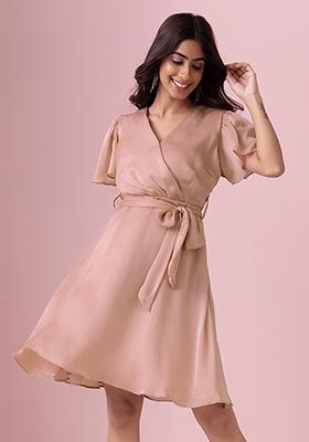 Light Pink Flared Sleeve Satin Wrap Dress With Belt
