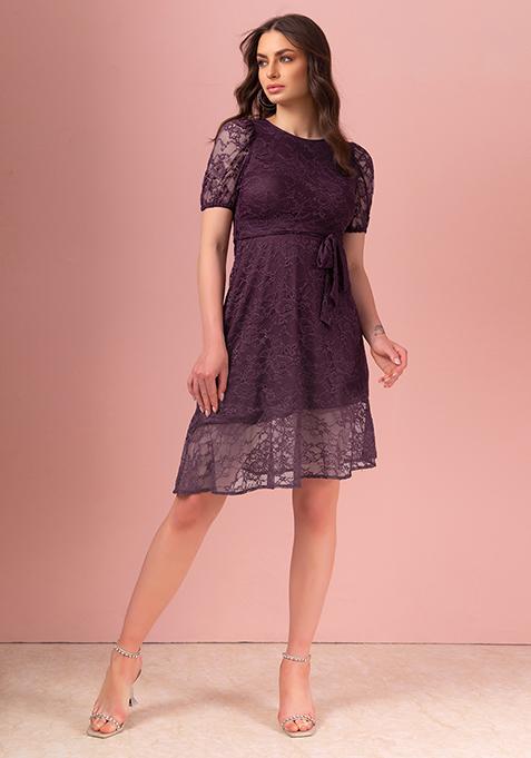 Purple Asymmetric Hem Midi Dress With Belt